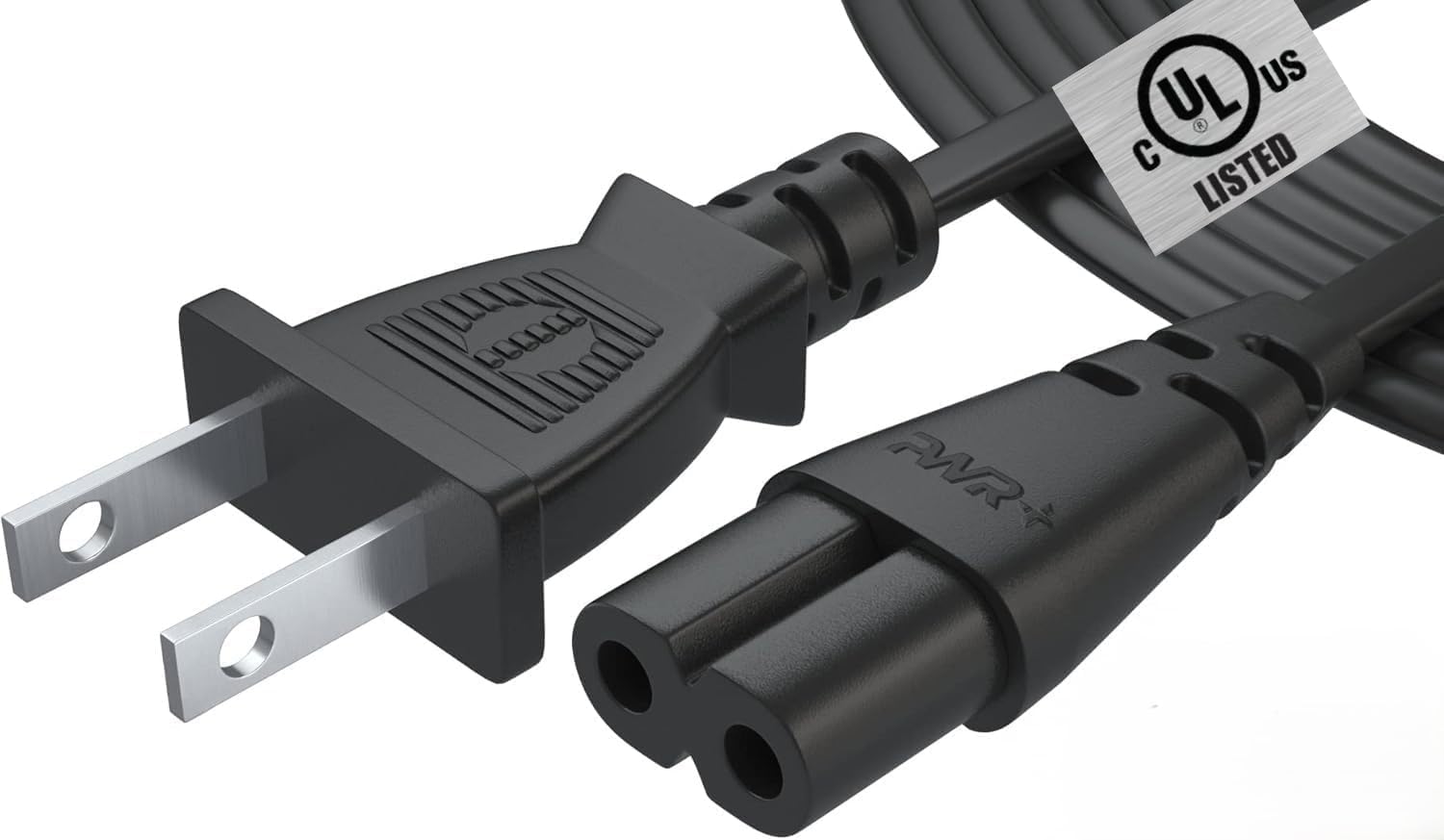 PWR+ 2 Prong AC Wall Plug 2-Slot Power Cord - 12ft, Black