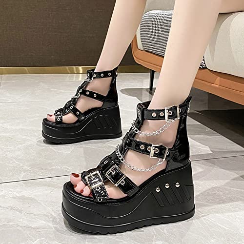 Vomira Wedge Sandals For Women Open Toe Punk Style Chain Buckle Studded Gothic Black Platform Sandals Gladiator Sandals #TOP3