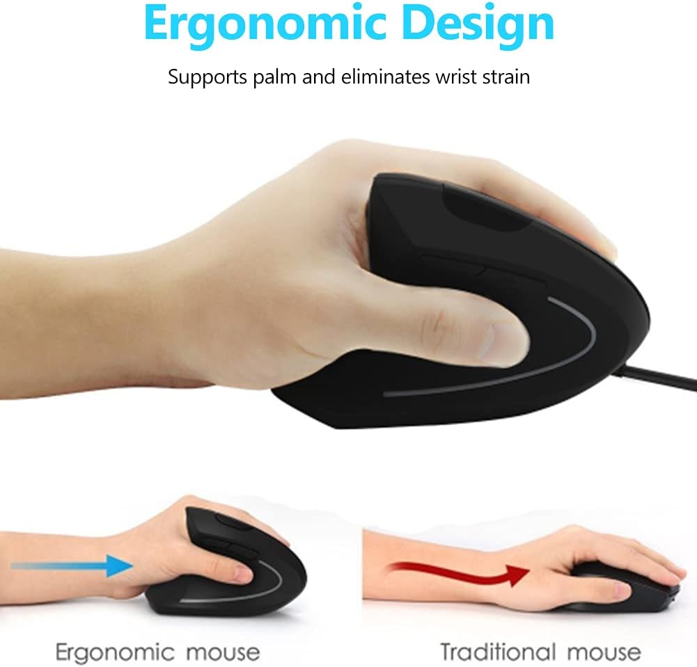 Ergonomic Vertical USB Wired Mouse compared to a traditional mouse, illustrating how the vertical design supports the palm and eliminates wrist strain.