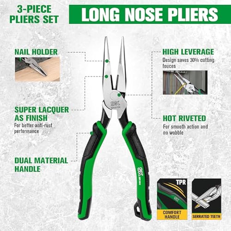 SK 3-Piece Pliers Set, 9.5-Inch Linesman, 8-Inch Diagonal & Needle Nose Pliers, High Carbon Steel, Ergonomic Anti-slip Handle, with Rolling Pouch