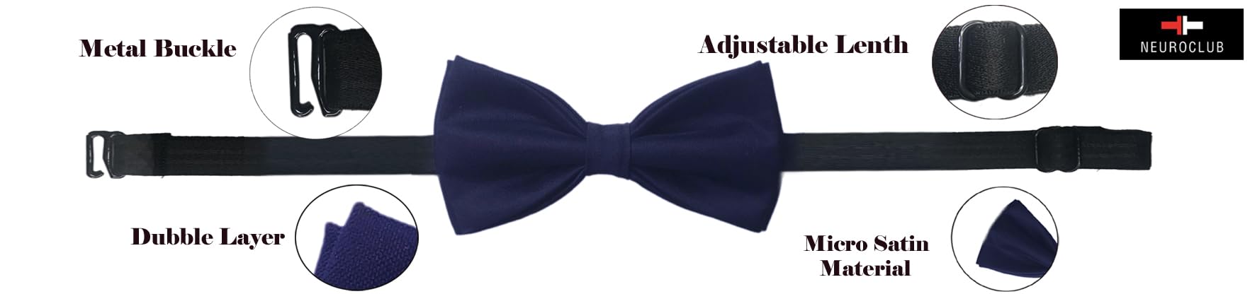 NEUROCLUB Bow Tie for Men Classic Solid Color Pre-Tied Satin FoTuxedo Bowtie Adjustable Length Clip on Design for Adults Elegant Double Fold Ties for Boys and Men’s (Neavy Blue) - Image 2 thumbnail