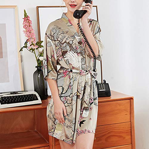 ZYAPCNGN Women Robe Soft Kimono Robes Cotton Bathrobe Sleepwear Loungewear Short Soft Sleepwear Ladies Loungewear Khaki - Thumbnail 2