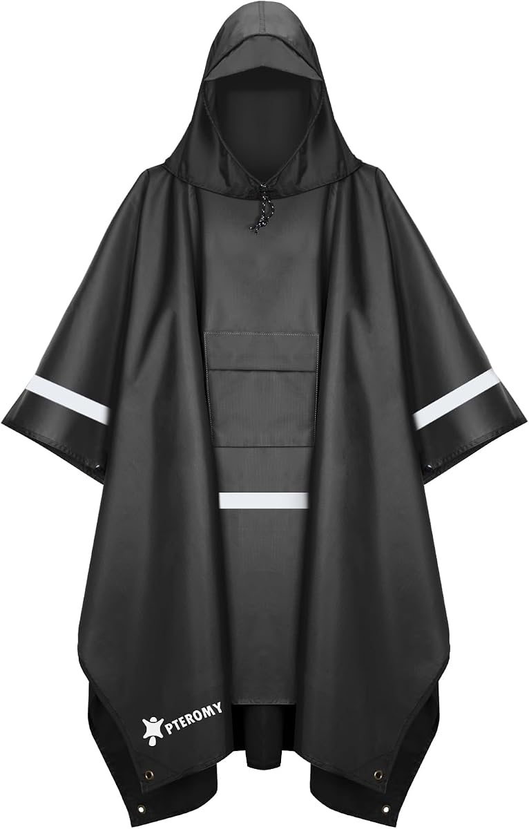 PTEROMY 3-in-1 Hooded Rain Poncho for Adult with Pocket, Waterproof Lightweight Unisex Raincoat for Hiking Camping Emergency