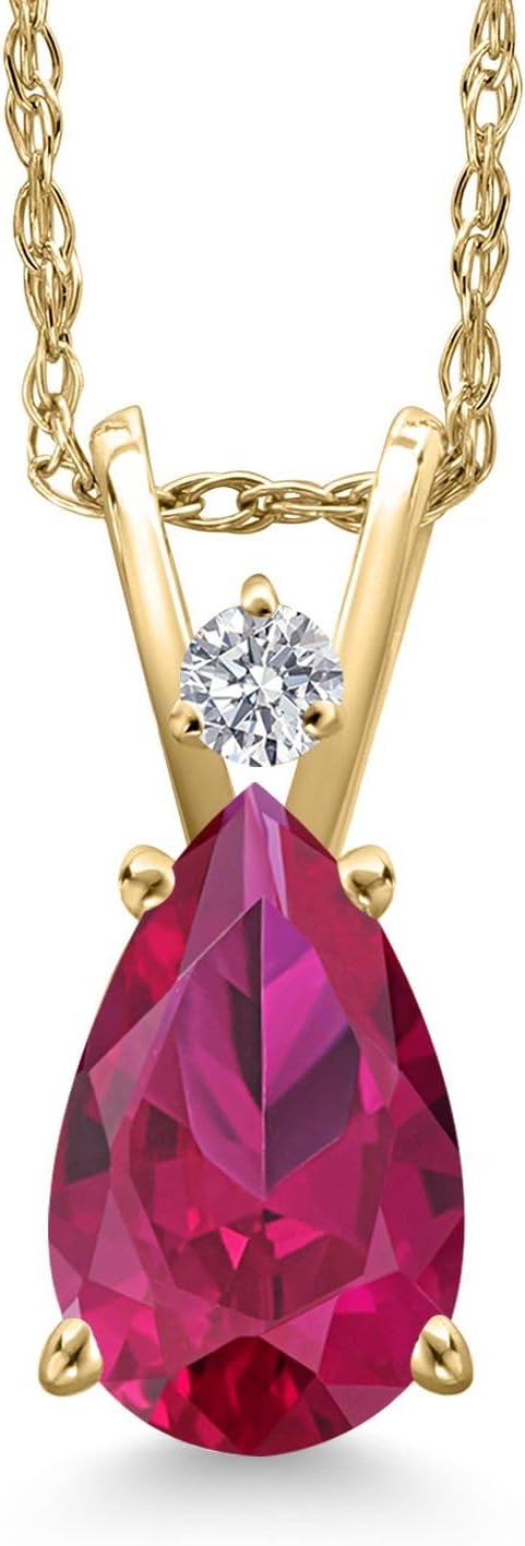 Gem Stone King 14K Yellow Gold Personalized and Customized Teardrop Pendant Necklace for Women | Gemstone Birthstone and Lab Grown Diamond | 9X6MM Pear Shape | With 18 Inch Chain