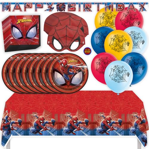 Spider-Man Birthday Party Supplies with Tablecloth, Plates, Napkins, Balloons, Banner, Paper Masks & Sticker, Spider-Man Party Decorations, Serves 16 Guests, Fun Set for Parties & Themed Celebrations by Unique - Used condition - US$31.33