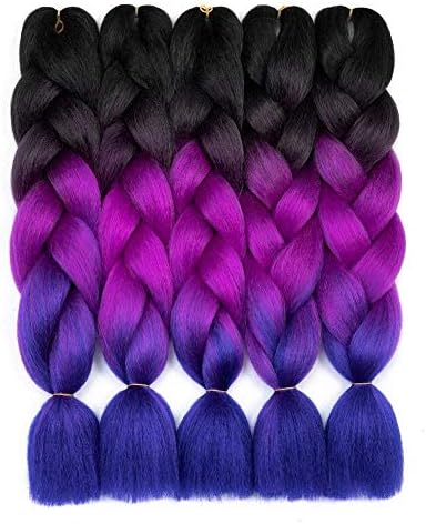 Ombre Kanekalon Braiding Hair 5 Pack Ombre Jumbo Braiding Hair Extensions 24 Inch Jumbo Braid Synthetic Hair for Braiding (5 pack, Black-Purple-Blue)