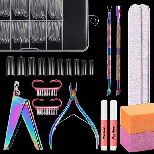 Acrylic Nail Kit Manicure Tools - 100PCS Acrylic Long Ballerina Coffin False Nails Tips, Nail Glues,Cuticle Nipper, Cuticle Pusher, Nail Tip Clipper, Nail File and Buffer, Nail Brushes