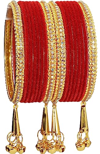 Image of NMII Metal with Zircon Gemstone and Velvet Studded Bells Latkan Bangles Set For Girls and Women I Latkan Bangles, Premium Bangle Bracelet Set I Pack of 16 Bangles