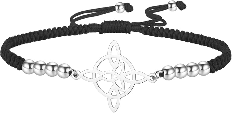 LIKGREAT Adjustable Witch Knot Beaded Bracelet for Women Handmade Braided Wax Cords Wiccan Symbol Jewelry
