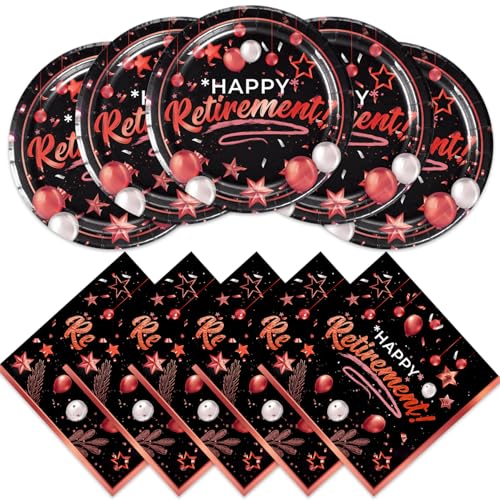 40Pcs Black and Red Retirement Birthday Party Decorations Happy Retirement Plates Napkins Disposable Tableware Birthday Party Supplies Set for 20 Guests
