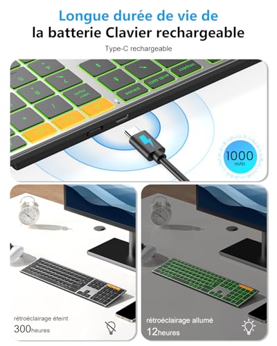 OMOTON Clavier sans Fil Bluetooth Métal Rétroéclairé AZERTY Français, Noir – vue 2