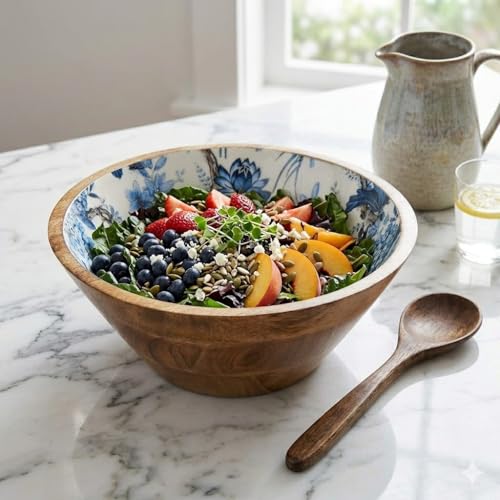 Image of SAAGA Mango Wood Salad Bowl | 10 x 4 Inch Large Wooden Mixing & Serving Bowl for Salads, Fruits, Vegetables & Snacks | Handcrafted Kitchen & Dining Bowl | White & Mazarine Blue