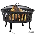 Sunnydaze 25-Inch Steel Wood-Burning Fire Pit with Mesh Stripe Cutouts - Includes Poker and Spark Screen