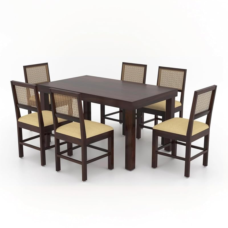 Image of Furniture Solid Sheesham Wood 6 Seater Dining Table Set with Cushioned Chairs | Multipurpose Wooden Six Seater Dinner Table Set for Living Room, Dining Area and Home (Walnut Finish)