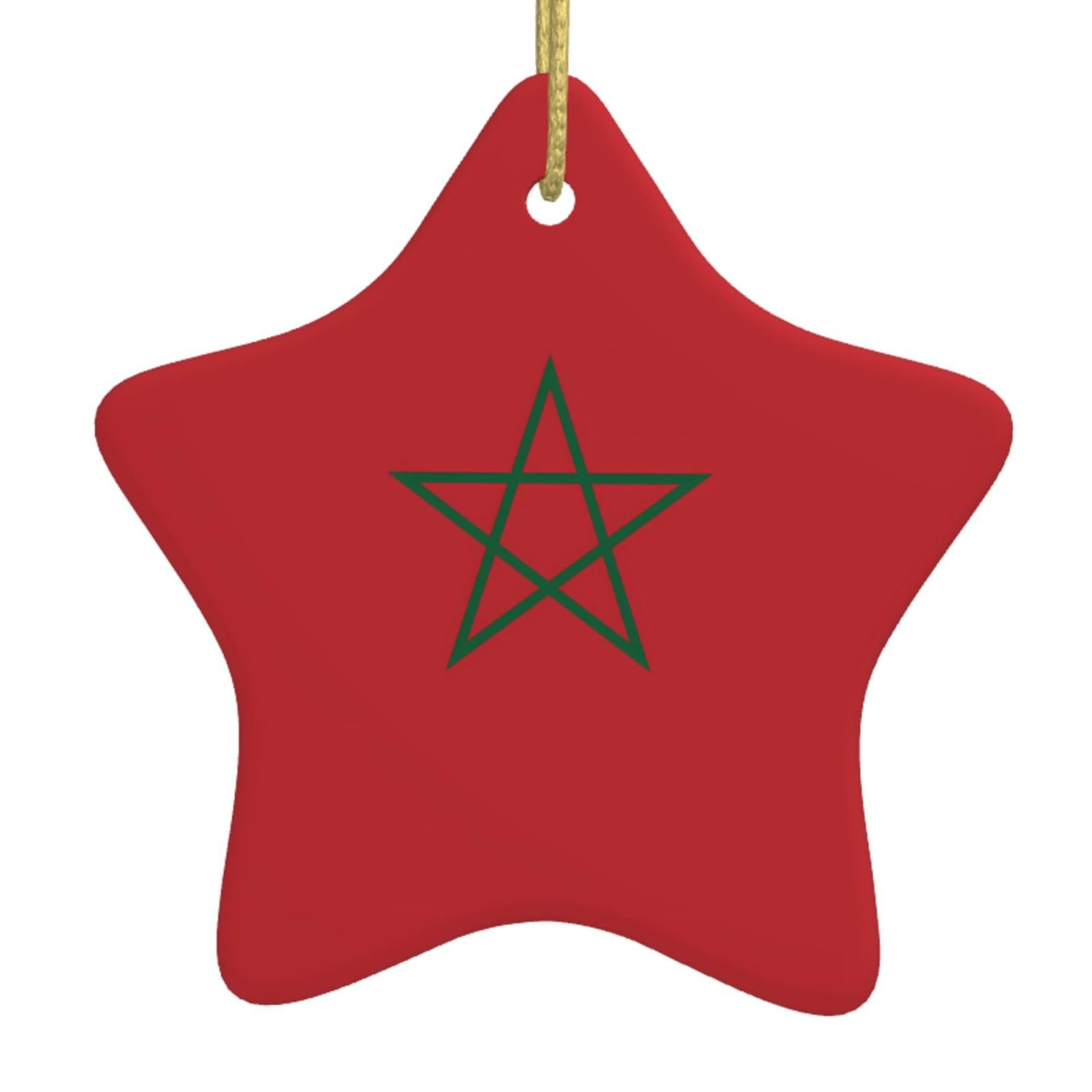 Flag of Morocco Christmas Ceramic Star Pendant with Punched Holes and Gold Wire Rope, Christmas Tree Home Decoration