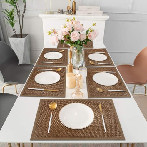 Image of Amazon Brand - Umi PVC Vinyl Basket Design Placemat STBT001 | Heat Resistant, Wipe Clean, Anti-Skid Table Mats for Dining Table, Kitchen & Home Decor (30x45 CM Brown Set of 6)