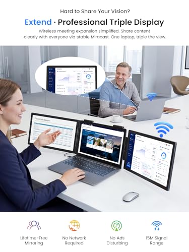 Image of UPERFECT Laptop Screen Extender, 14'' Wireless Triple Portable Monitor, Ultra-Slim Dual Travel Monitor 125% sRGB One Cable Plug -Play Extender Monitor for MacOS /Win /Android, Fits 13.3-17.3 inch Laptops