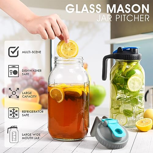 Glass Pitcher with Lid, 2 Quart(64oz) Mason Jar Pitcher with Pour Spout Handle Lid, Large Wide Mouth Jar Leak-Proof Airtight Water Jug for Sun Tea, Juice, Milk, Tea, Lemonade, Coffee, Drinks, Set of 2