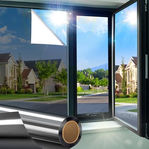 One Way Window Privacy Film See Out Not in, Window Tint for Home, Reflective Mirror Glass Windows Coverings Sun Heat UV Blocking, Black-Silver, 41.3 Inch x 78.74"