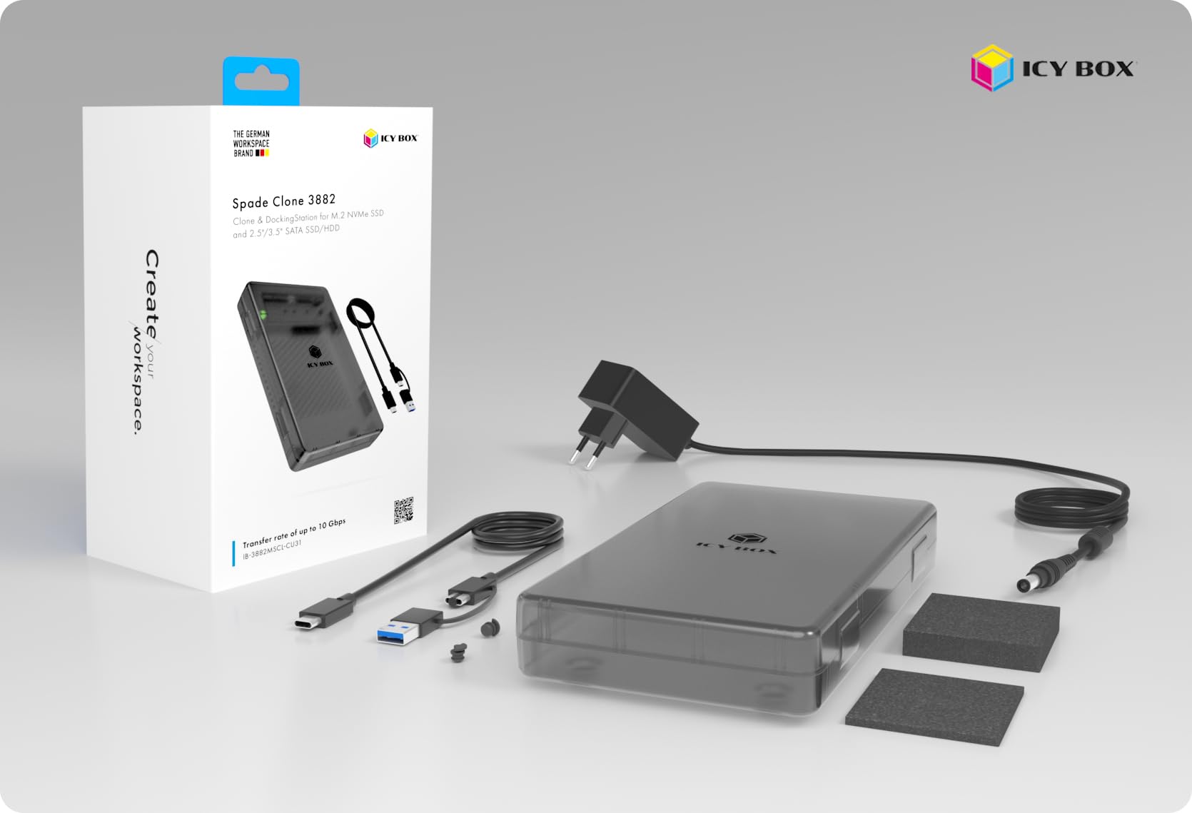 ICY BOX Spade Clone 3882 Docking Station e stazione di clonazione per SSD M.2 NVMe e HDD/SSD SATA 2,5"/3,5", USB-C 3.2 Gen 2 (10 Gbps), clonazione offline, HotSwap, IB-3882MSCL-CU31