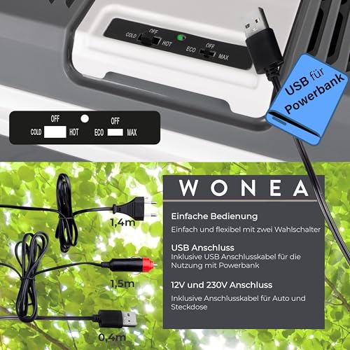 WONEA 24 Liter Thermoelektrische Kühlbox mit USB Anschluss für Powerbank, 12V 230V KÜHLEN und WÄRMEN, Leise Camping Kühlbox Auto LKW