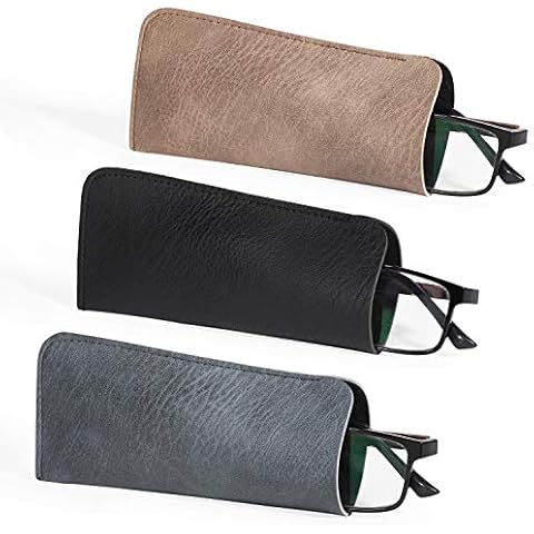 Hifot Leather Eyeglasses Case 3 Pack, PU Leather Soft Reading Glasses Pouch Spectacles Bag for Women Men Kids Cover