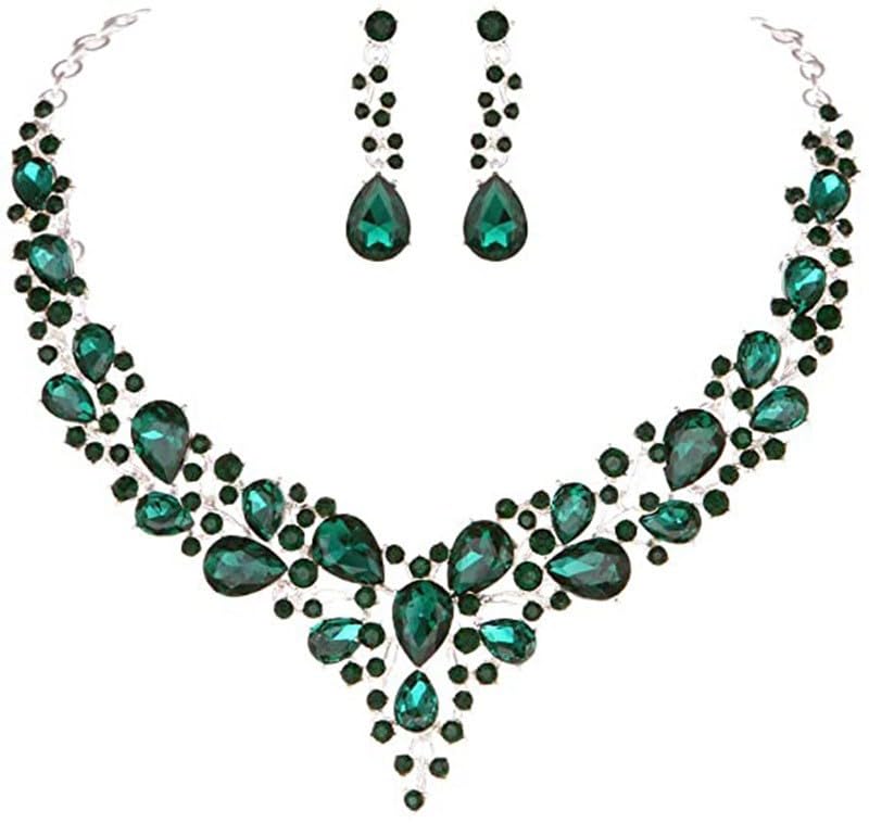 TANMESSOAustrian Crystal Teardrop Necklace & Earrings Set - Bridal Statement Jewelry for Wedding Events (Green)