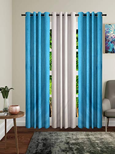 Image of Home Sizzler Polyester 3 Piece Long Door Curtain Set, 9 feet (2 Aqua, 1 Cream)
