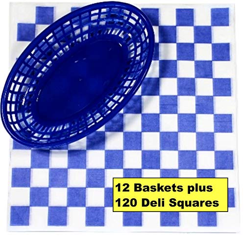 12 Blue Plastic Oval Food/Burger Baskets plus 120 Checkered Deli Paper Liners. Restaurant/Food Tray Basket Sets for Barbecues, Picnics, Parties, Kids Meals, Outdoors.