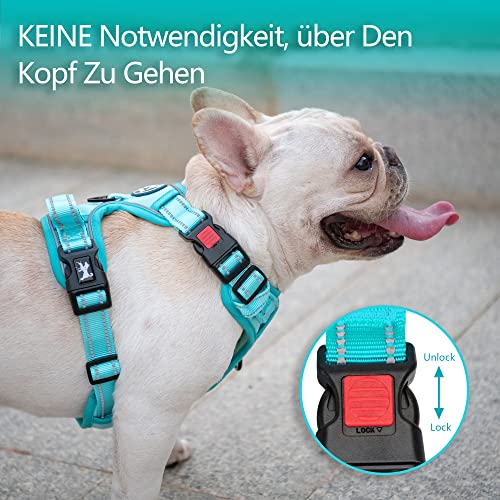 PoyPet Hundegeschirr ohne Zug, Reflektierendes Hundegeschirr für mittelgroße Hunde ohne Würgen, verstellbare, weich gepolsterte Haustierweste mit einfachem Steuergriff (Mint Blau Passender Trimmen, M)