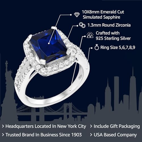 Gem Stone King 4.58 Cttw Blue Simulated Sapphire Engagement Ring For Women | 925 Sterling Silver | 10X8MM Emerald Cut | Available in size 5, 6, 7, 8, 92