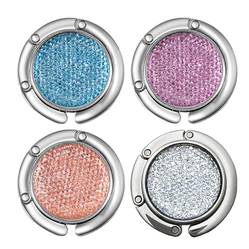 Paquete de 4 ganchos para bolsos plegables, ganchos para bolsos de escritorio, ganchos para monederos plegables de diamantes de cristal para mesa