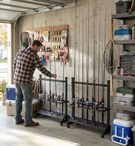 24-Rod-Aluminum-Fishing-RodPole-Holder-Rustproof-Fishing-Rod-Rack-with-360-Lockable-Wheels-Multi-Functional-Storage-Organizer-for-Garage-Home-Fits-Most-Rods-Golf-Clubs-Black