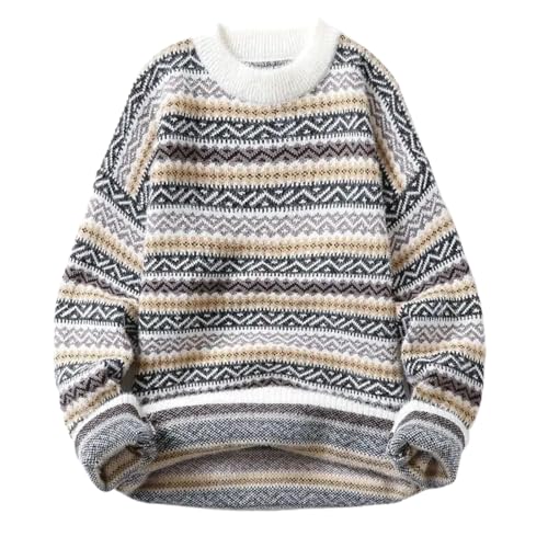 Men Autumn Winter Striped Thick Warm Knitted Sweater Youth Casual Round Neck Long Sleeve Loose Pullovers