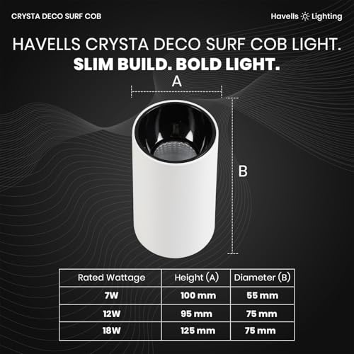 Image of Havells Crysta Deco Surf Cob 12W 3K Black W,Led-Spotlights,Energy Efficient,Long Life of 25000 Burning Hours,Beam Angle of 36,Metal Body Cob with Integrated Driver,Warm White (3000K)