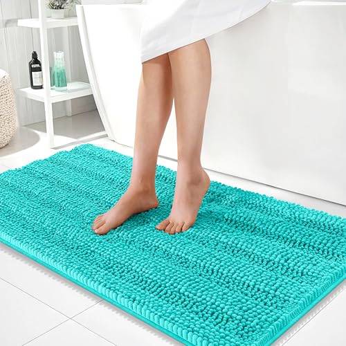 Image of OLANLY Thick Bathroom Runner Rugs 44x24, Extra Absorbent Chenille Striped Bath Rugs, Rubber Backing, Machine Wash Dry, Long Bath Mats for Bathroom Floor, Tub and Shower, Home Decor Accessories, Teal