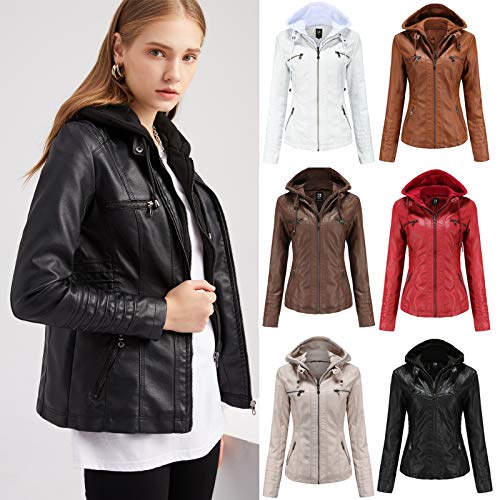 SkotO Lederjacke Damen Große Größen - Kunstlederjacke Mit Kapuze Kurz Bikejacke Lederimitat Übergangsmantel Winddicht Motorradjacke Softshell Fahrradjacke Wasserdicht Atmungsaktiv Softshelljacke