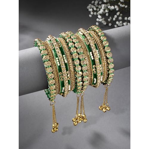 Peora Gold Plated Kundan Bangles Green 2.6 inch - Image 3