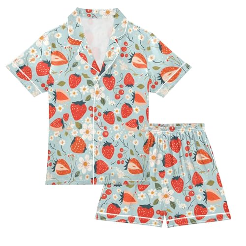 ALAZA Strawberry Blossom Blue Satin Pajamas Set Short Sleeve Button Down Sleepwear Summer Pjs 2 Piece