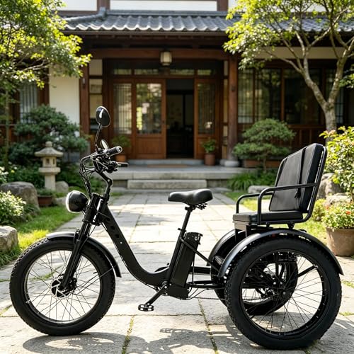 HpJfdsU Bicicleta Eléctrica 3 Ruedas, Bicicleta De Paseo con Asiento Y Neumáticos Anchos, Pantalla LCD, Faro Delantero, Cuadro De Aleación Aluminio, para Adultos Y Personas Mayores. Black