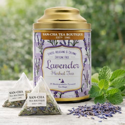 Image of Sancha Tea Boutique, Lavender Tea, Caffeine Free Herbal Tisane, 25 Pyramid Bags, Naturally Calming & Relaxing, Floral Herbal Infusion