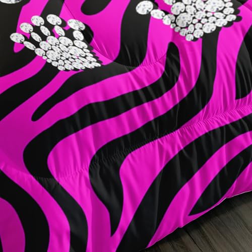 Image of AILONEN Girls Glam Crown Bedding Set Full Size,Hot Pink & Black Zebra Print Comforter with 2 Pillowcases,3-Piece Diamonds Quilt Set for Fashion Girl Bedroom