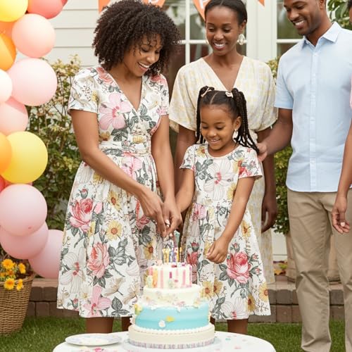 Mommy and Me Floral Dresses Mother Daughter Matching Short Sleeve Tshirt Midi Dress Crew Neck Outfits with Pockets3
