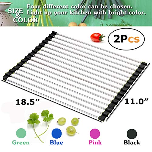Image of Dish Drying Rack Large Stainless Steel Over the Sink Folding Roll-Up Dish Draining Rack 2 Pcs (green)