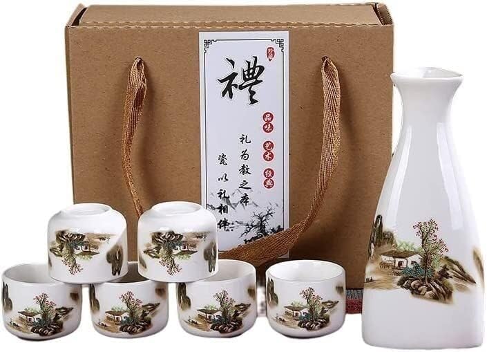 Gift for Beer Cup,Traditional Sake Set, Ceramic Sake Set, Traditional Japanese Pottery Hot Saki Drink, 7-Piece Include 1 Sake Bottle 6 Cup + Sake Storage Gift Box,A