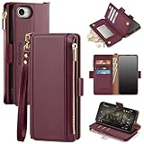 Antsturdy Compatible with iPhone 6/6S/7/8/SE 2020/SE 2022 Wallet Case,RFID Blocking PU Leather Phone Case Women Men Kickstand Flip Cover Wrist Strap Zipper Credit Card Holder Slots,Wine Red
