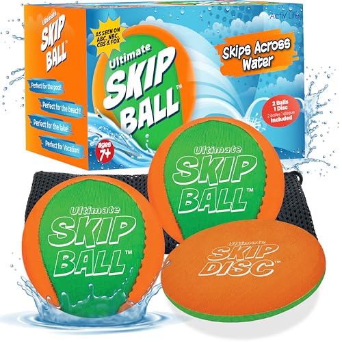 Activ Life 2 Pack Water Skipping Ball with Skip Disc, Pool Balls for Swimming Pools, Toys for Kids and Adults, Easter Basket Stuffer Gift (Green Orange)