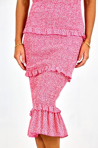 Image of dowerme Women Summer Casual Floral Midi Smocked Bodycon Dresses Spaghetti Strap Square Neck Ruffle Mermaid Prom Dress