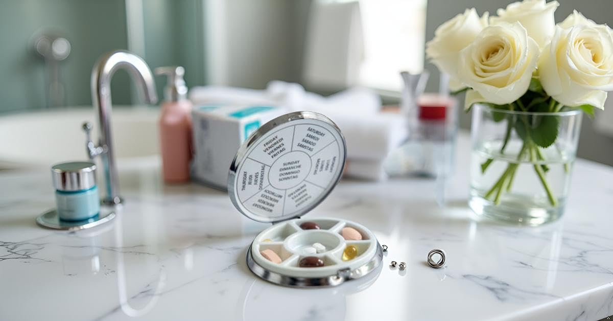 Pillendose 7 Fächer für 1 Woche Versilbert – Ø 8 cm – Premium Silver Plated Medikamentenbox – Edle Pillenbox für 7 Tage