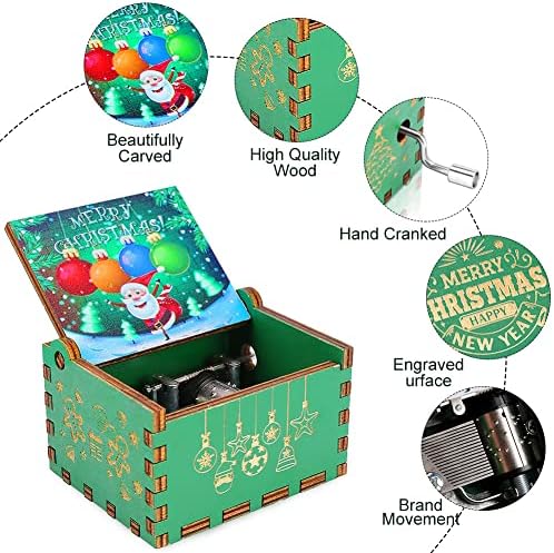 Auniq Music Box, Wooden Christmas Music Box Artware Hand Cranked Musical Box Laser Engraved Merry Christmas Music Gift Box Christmas Birthday Gift for Kids Friends Familys